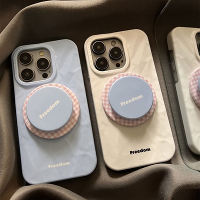 韩系ins简约纯色褶皱蓝底英文磁吸支架苹果15promax新款iPhone16promax手机壳14个性小众13高级16p情侣防摔套