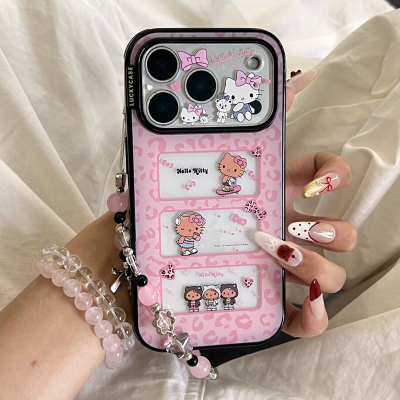 卡通可爱粉豹纹镂空相框黑皮KT适用苹果17promax新款iPhone16promax手机壳17Pro个性17创意15pm少女14P保护套