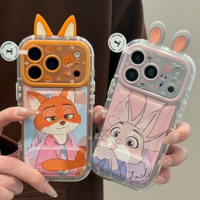 可爱立体耳朵朱迪尼克镜面折叠支架适用苹果17promax新款iPhone16promax手机壳15pm创意17个性13卡通14保护套