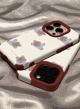 ins风日韩卡通小熊适用iPhone15promax手机壳新款14苹果14pro小羊皮质12高级感11情侣13红色新年16pro保护套