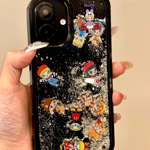 日韩ins卡通可爱满屏Molly闪粉流沙壳适用16promax手机壳新款iPhone15promax小众女款14个性创意13全包防摔套