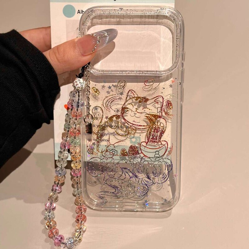 卡通可爱闪粉彩色线条招财猫适用苹果17promax新款iPhone16promax手机壳15Pro个性小众17趣味14P少女13保护套