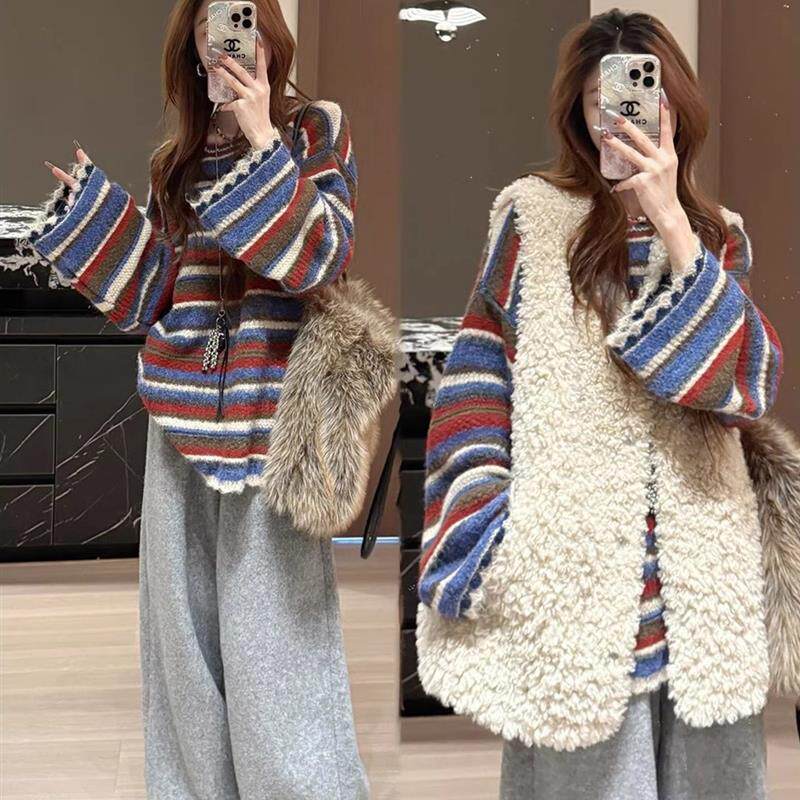 慵懒风撞色条纹内搭2026春季搭配马甲针织毛衣女冬季保暖叠穿外套