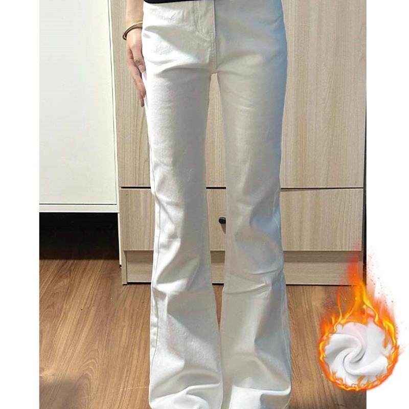 美式白色高腰加绒微喇牛仔裤女2026秋冬新款弹力修身显瘦马蹄裤子