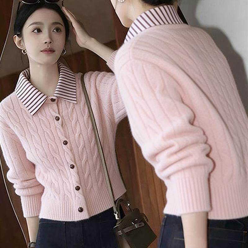 韩系甜美粉色翻领长袖针织开衫女春秋2026新款假两件软糯毛衣外套