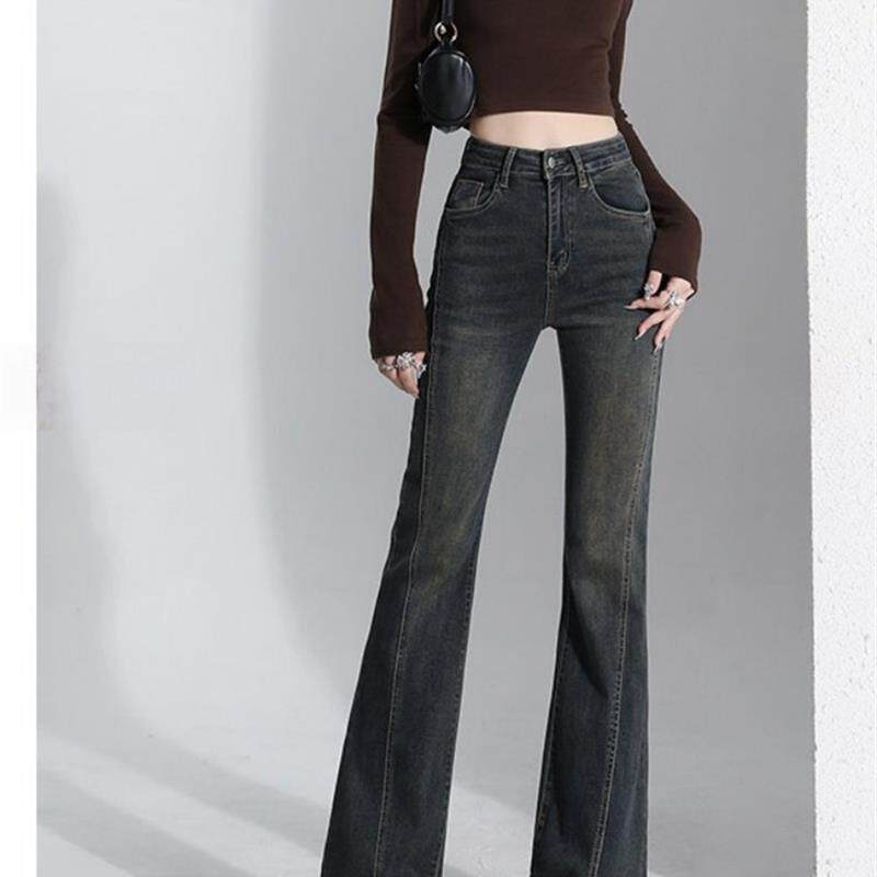 大码开叉弹力微喇叭牛仔裤女冬季加绒胖mm高腰显瘦马蹄直筒阔腿裤