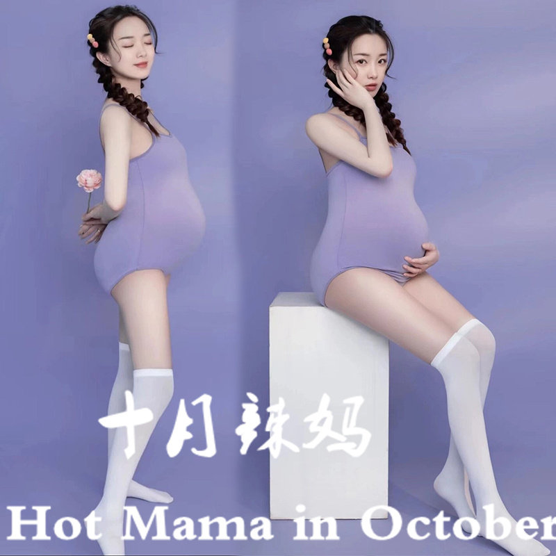 새로운 사진 스튜디오 출산 사진 의류 슬림하고 귀여운 소녀 점프 슈트 보라색 테마 스타일 큰 배꼽 엄마 의류