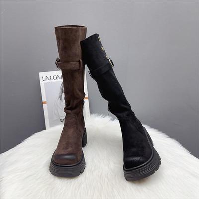 真皮长筒靴加绒高筒厚底