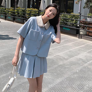 法式气质甜美小香风套装女2025夏季新款显瘦高腰百褶短裙子两件套图片
