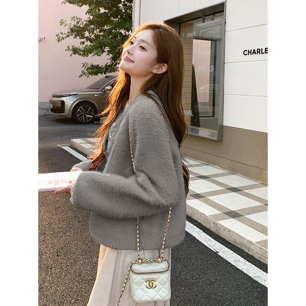 粉色小香风加厚外套女短款2025秋冬新款韩系甜美高级感毛绒上衣,女装皮草,浙宝095(原288A)
