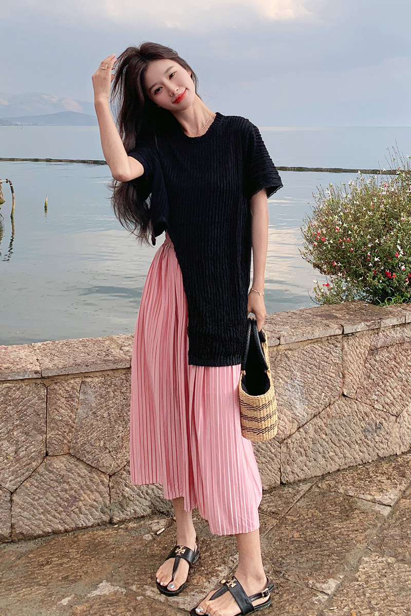 【现货】2025夏装开叉撞色上衣半身裙两件套095-8213-P145-K218,女装连衣裙,浙宝095(原288A)