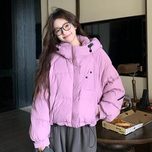 紫色短款羽绒服女2024冬季新款韩版连帽白鸭绒加厚保暖面包服外套图片