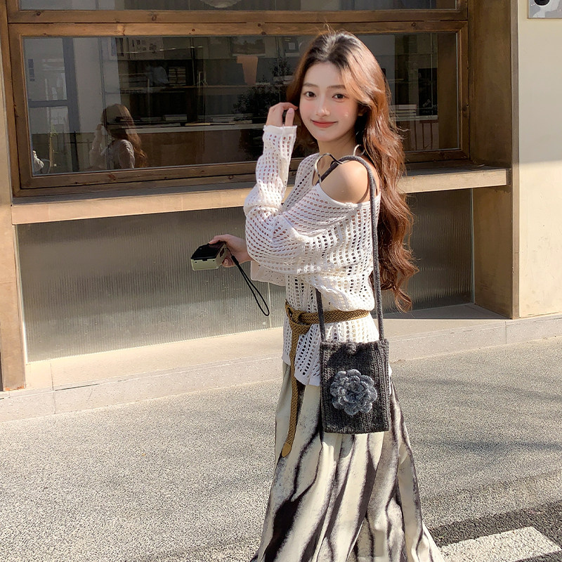复古小众晕染印花连衣裙套装女2025初春新款镂空罩衫吊带裙两件套,女装套装/套裙,浙宝095(原288A)