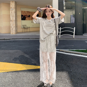 蕾丝拼接休闲甜美半身裙套装女夏2025新款大方得体独特绝美两件套图片