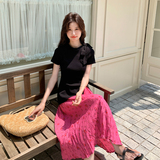 2025夏季黑色开叉蝴蝶结装饰设计T恤套装女雪纺碎花半身裙两件套，女装套装/套裙，浙宝095(原288A)