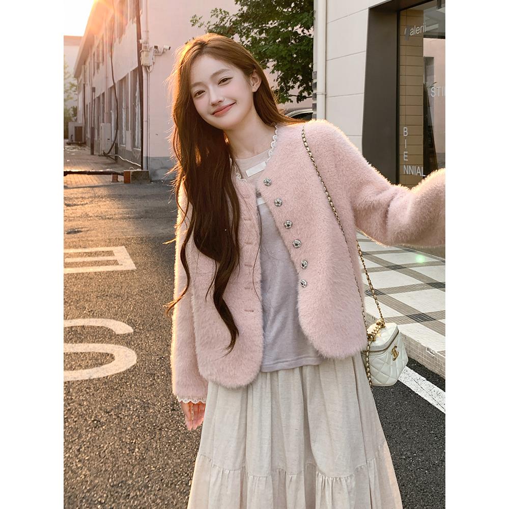 粉色小香风加厚外套女短款2025秋冬新款韩系甜美高级感毛绒上衣,女装皮草,浙宝095(原288A)