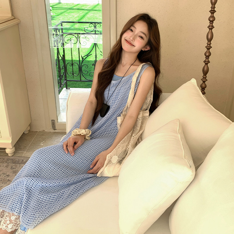 蓝色清纯甜美减龄吊带连衣裙女2025夏季新款爆款罩衫叠穿裙子,女装连衣裙,浙宝095(原288A)