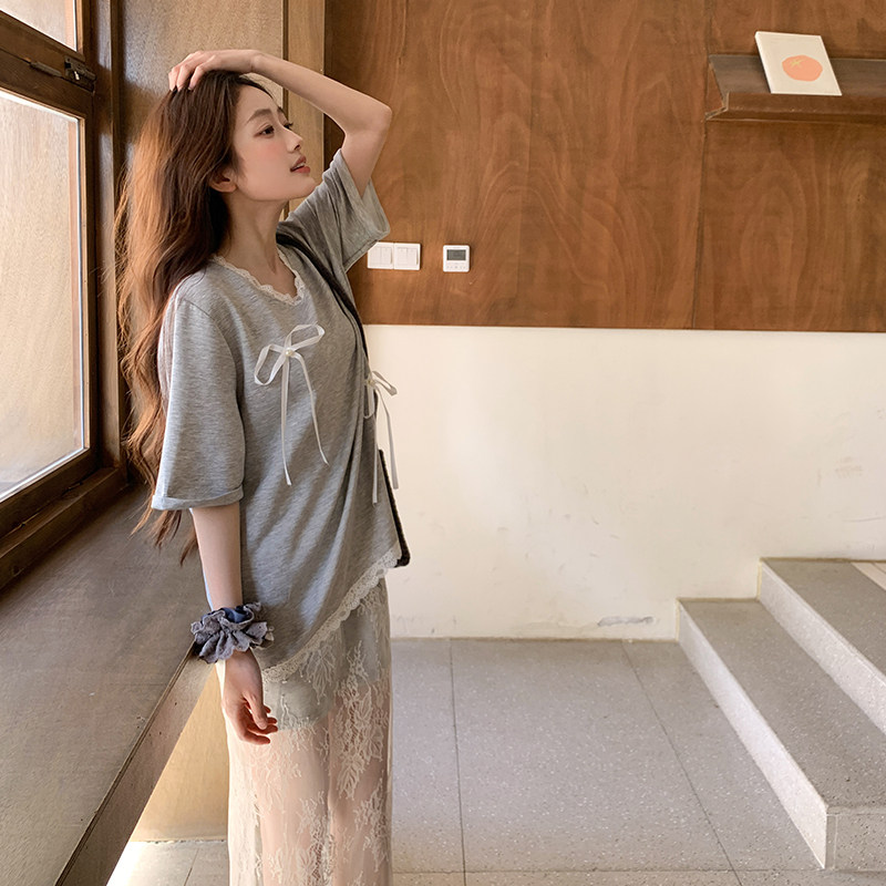 蕾丝拼接休闲甜美半身裙套装女夏2025新款大方得体独特绝美两件套，女装套装/套裙，浙宝095(原288A)