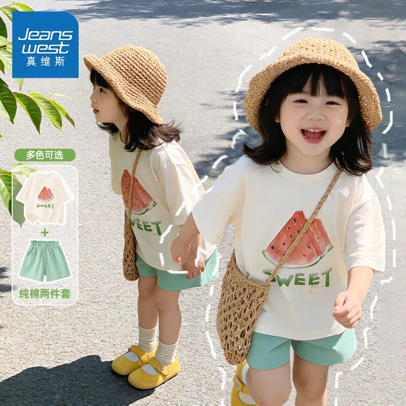 真维斯童装女童2026新款夏装中大童夏季纯棉短袖套装儿童西瓜衣服