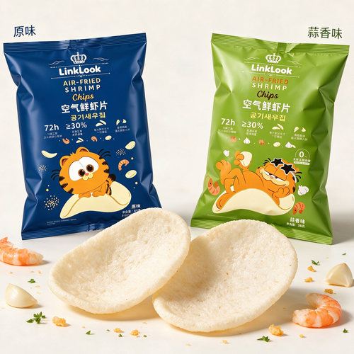 LinkLook加菲猫联名款空气鲜虾片85g*2袋原味蒜香味虾片膨化零食