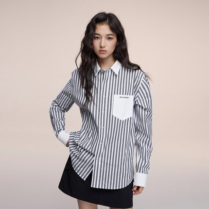 又见高山MetaMount 领口刺绣撞色条纹极简微宽松衬衫2025年秋新品