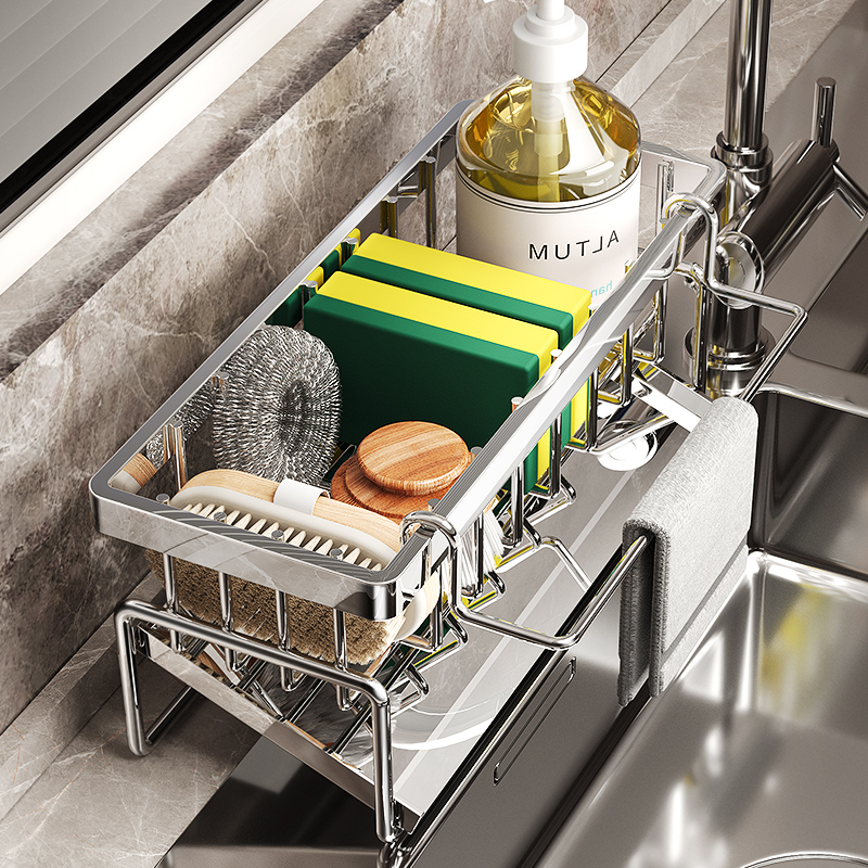 304不锈钢厨房置物架抹布架收纳沥水架钢丝球水池水龙头水槽神器