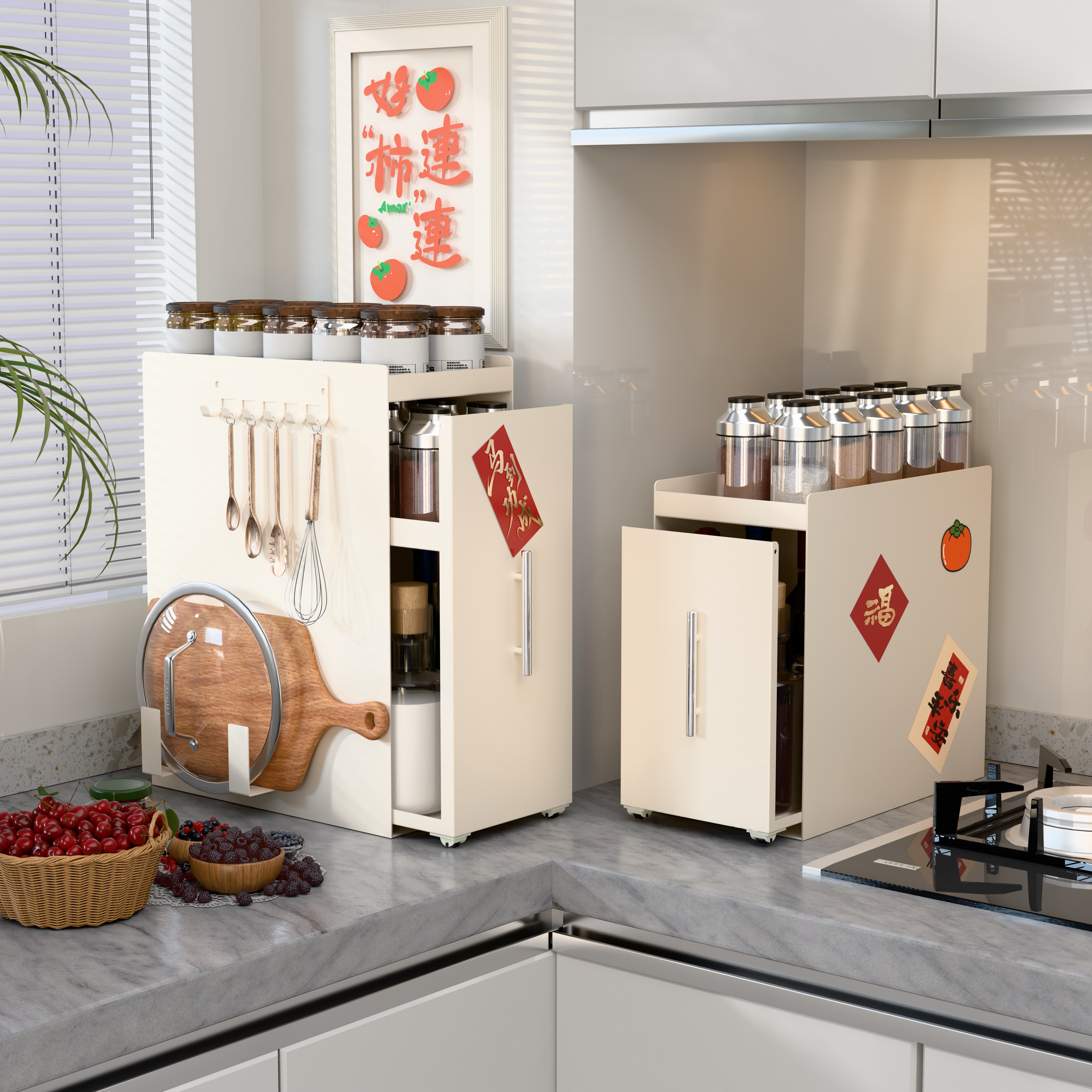 可抽拉调料品置物架厨房多功能调味料台面收纳柜架子盒窄边收纳架