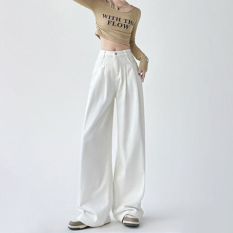 春夏2026新款白色高腰阔腿牛仔裤女褶皱高级感宽松直筒垂感拖地裤