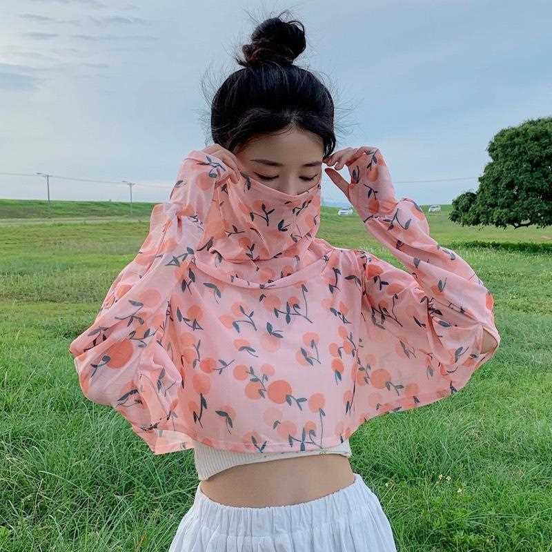 新款直销防晒披肩女夏季长袖开车披风骑车短款遮脸可爱斗篷面罩一