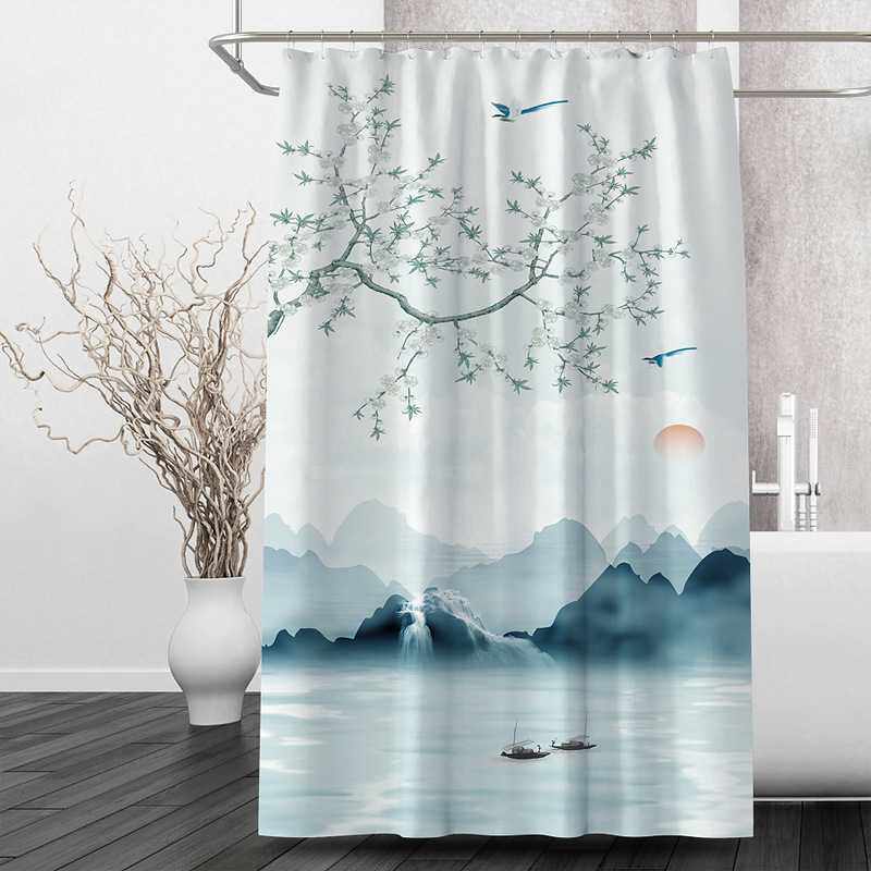 新款直销新中式水墨山水画浴帘出租房隔断帘卫生间防水防霉窗帘免