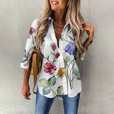 Women's collar printed mid sleeved shirt女士翻领印花中袖衬衫