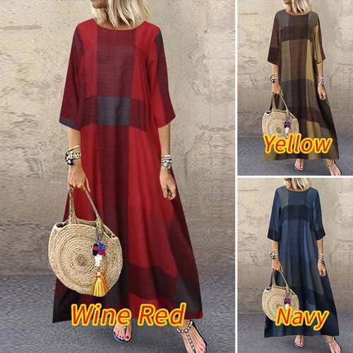 Checkered round neck long sleeved dress 格子圆领宽松连衣裙女