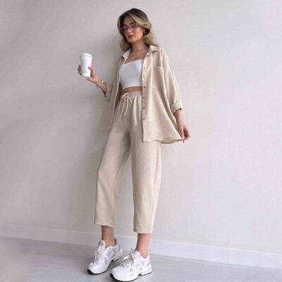 Solid color collar cardigan and pants set 纯色翻领长裤套装女