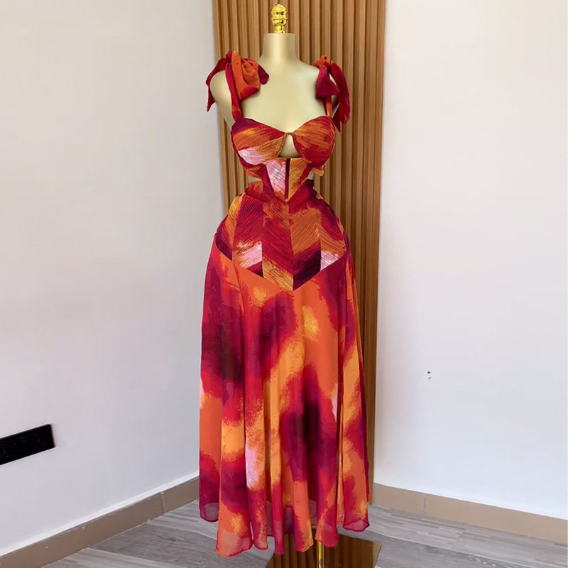 Printed sleeveless backless dress 女士印花无袖露背宽松连衣裙