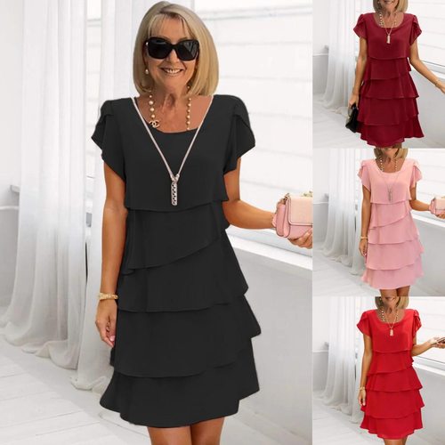 Solid color round neck short sleeved dress纯色圆领短袖连衣裙