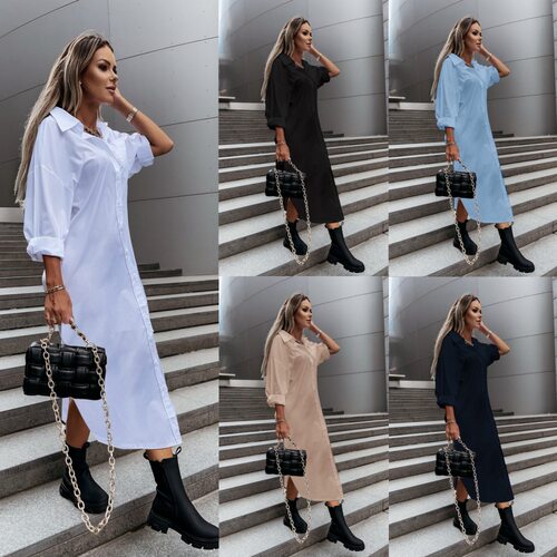Solid color lapel long sleeved dress纯色翻领长袖开衫连衣裙女