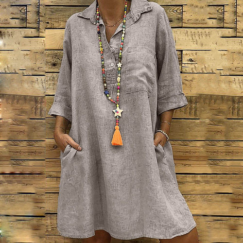 Solid color lapel long sleeved dress纯色翻领长袖宽松连衣裙女