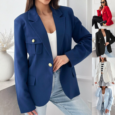 Solid color lapel long sleeved cardigan top 纯色翻领长袖上衣
