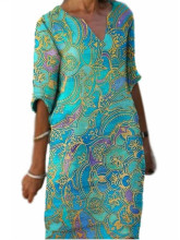 V-Neck Mid-Sleeve Dress Multicolor Print Skirt长袖女式连衣裙
