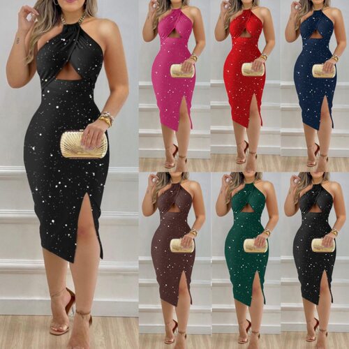 Solid color halter neck sleeveless dress纯色挂脖领无袖连衣裙