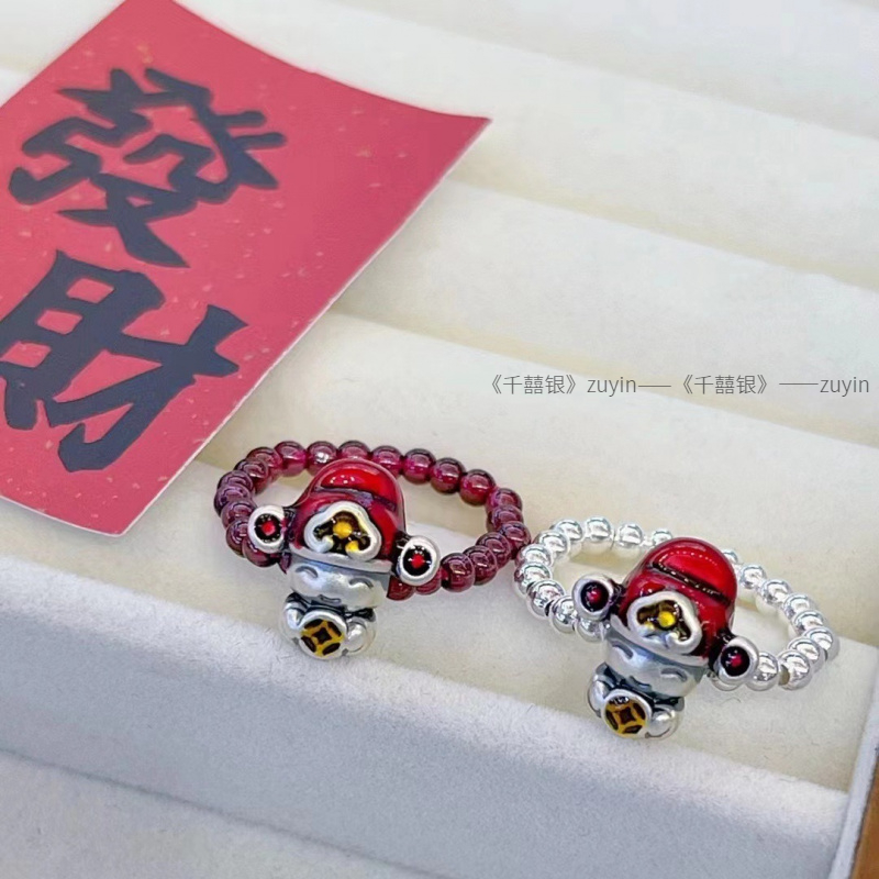 足银S999财神戒指银珠石榴石小众