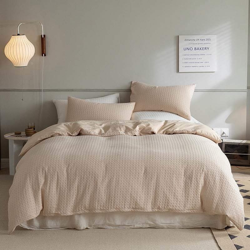 华夫格床上四件套全棉纯棉100s水洗棉被套床单床笠三件套