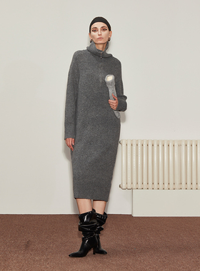 The Middle精纺羊毛针织连衣裙灰色海军领毛衣裙女秋冬季连衣裙