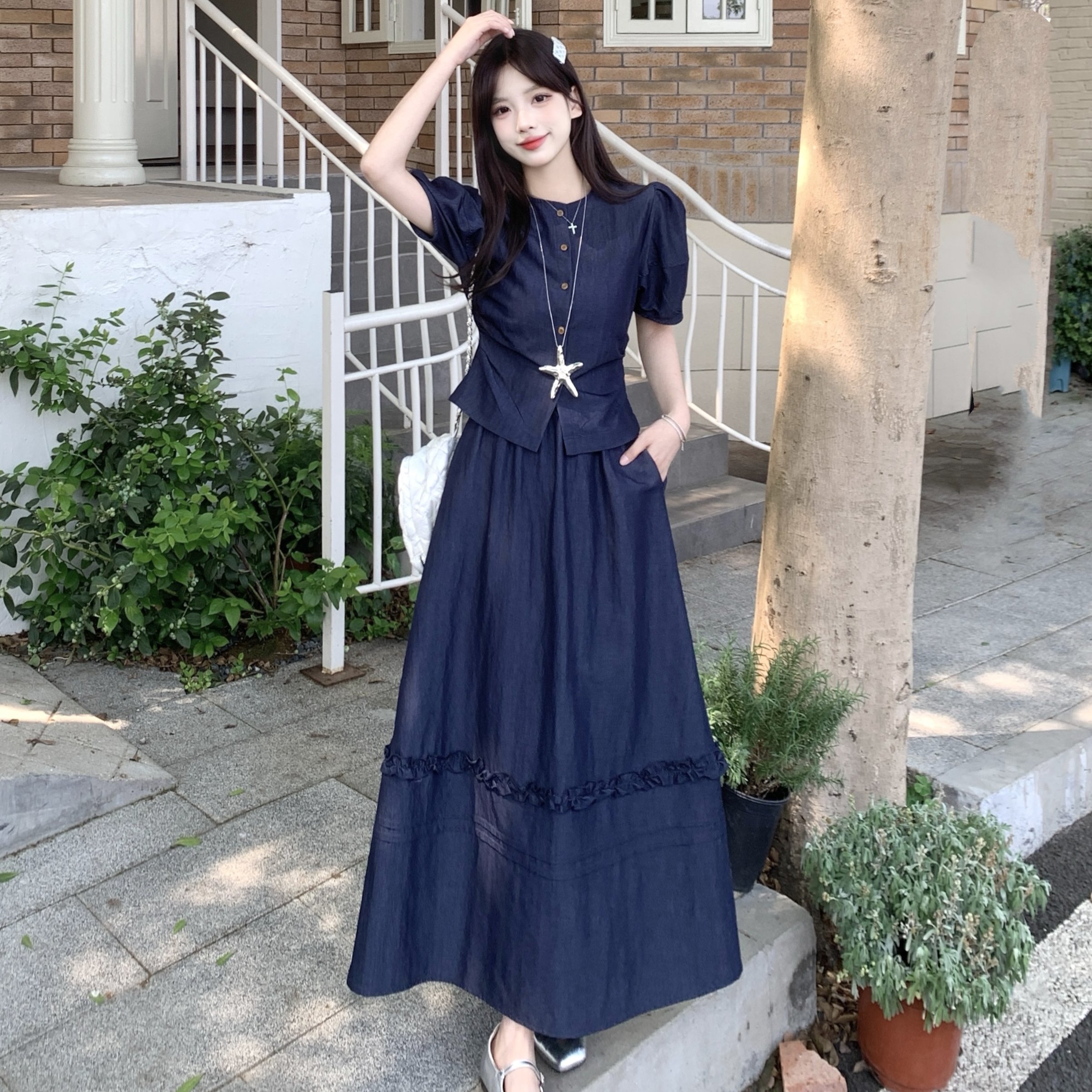 实拍~大码韩系穿搭套装裙夏季泡泡袖衬衫显瘦高腰半身裙子两件套