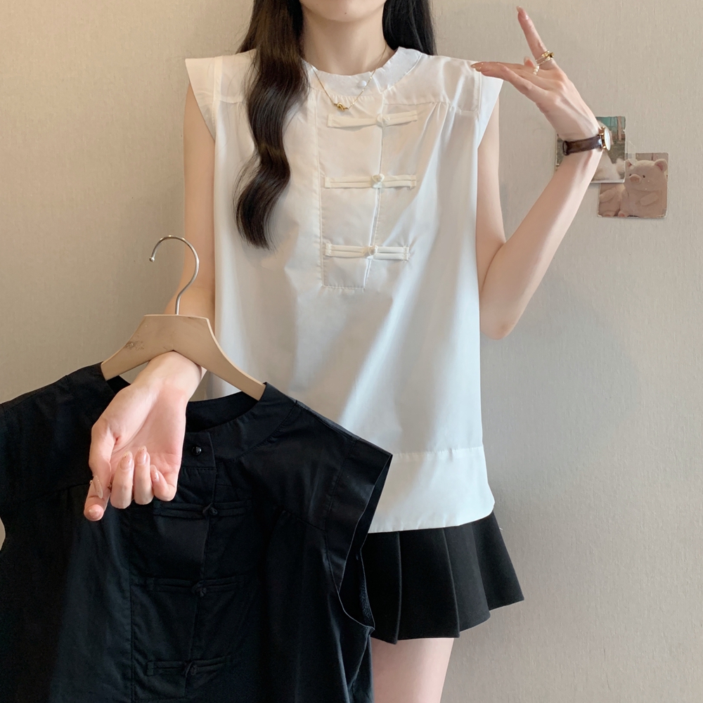 夏装新款韩版纯色大码女装新中式国风盘扣白色衬衫无袖显瘦上衣