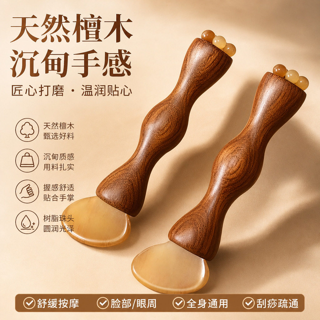 檀木羊角拨筋棒脸部美容院专用经络疏通面部提拉点穴滚珠按摩器