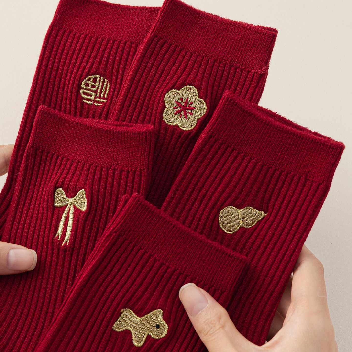 马年红袜子女本命年棉袜中筒秋冬