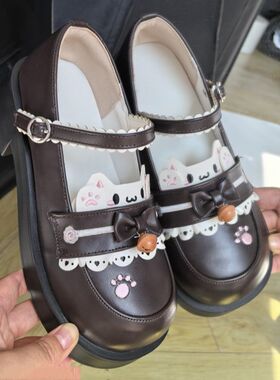 甜美小猫串珠可爱鞋圆头小猫焦糖布叮Lolita小皮鞋学生jk单鞋lo鞋