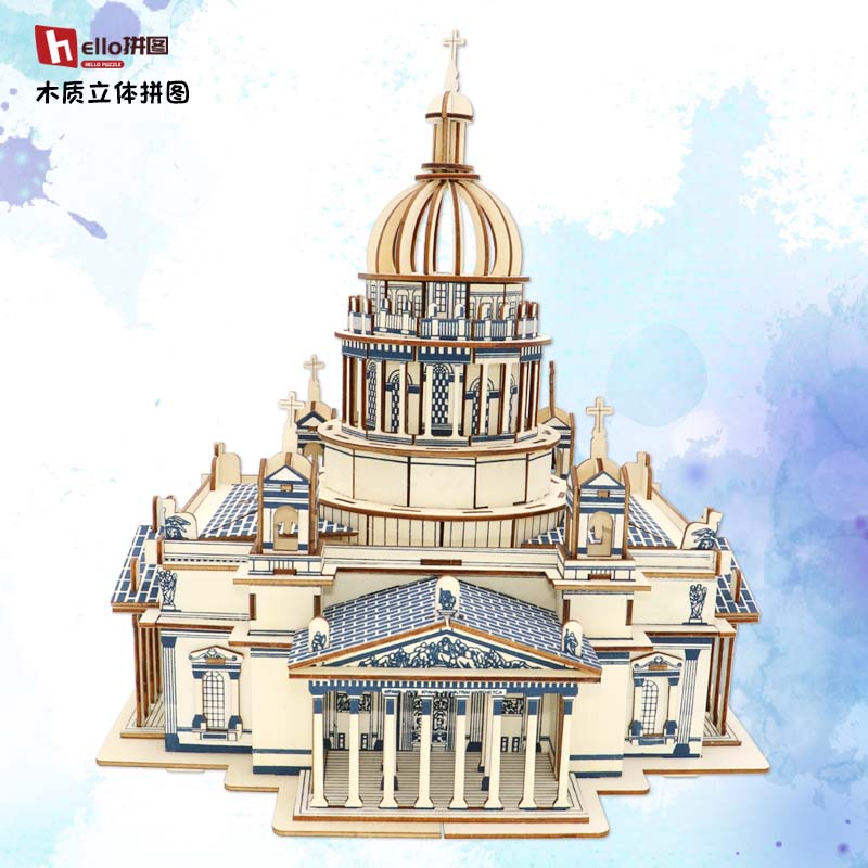 教堂木质拼图模型3d立体激光板儿童早教益智手工巧板玩具