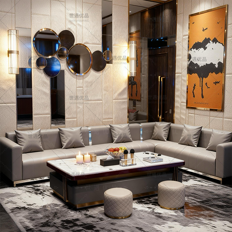 轻奢KTV酒吧大理石纹岩板不锈钢茶几高端大厅会所桌子卡座定做